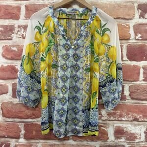 Figueroa & Flower Top Women's MP Boho Lemons Citrus Floral Majolica Sheer Shirt